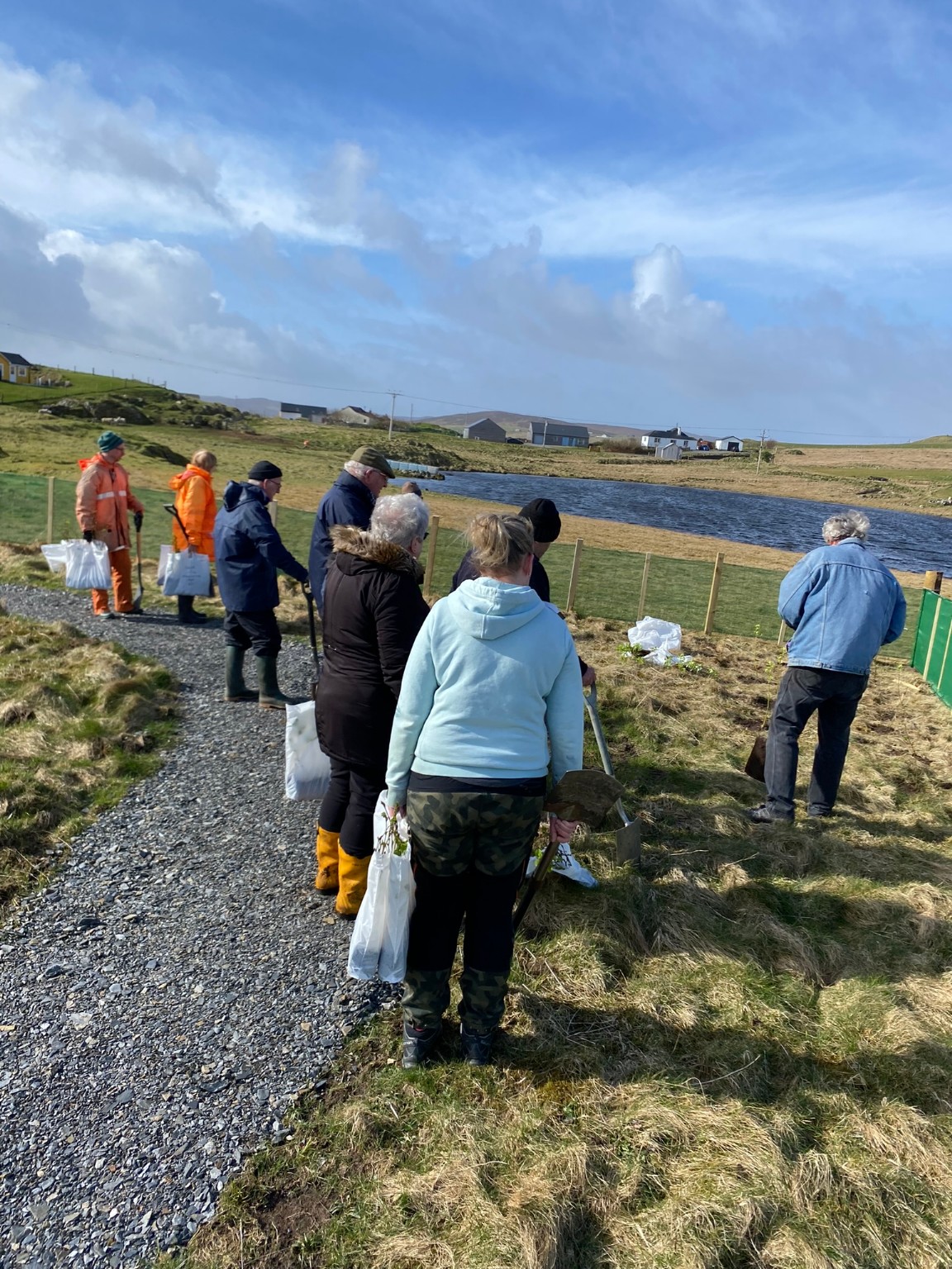 Community volunteers carrying young trees to the planting area