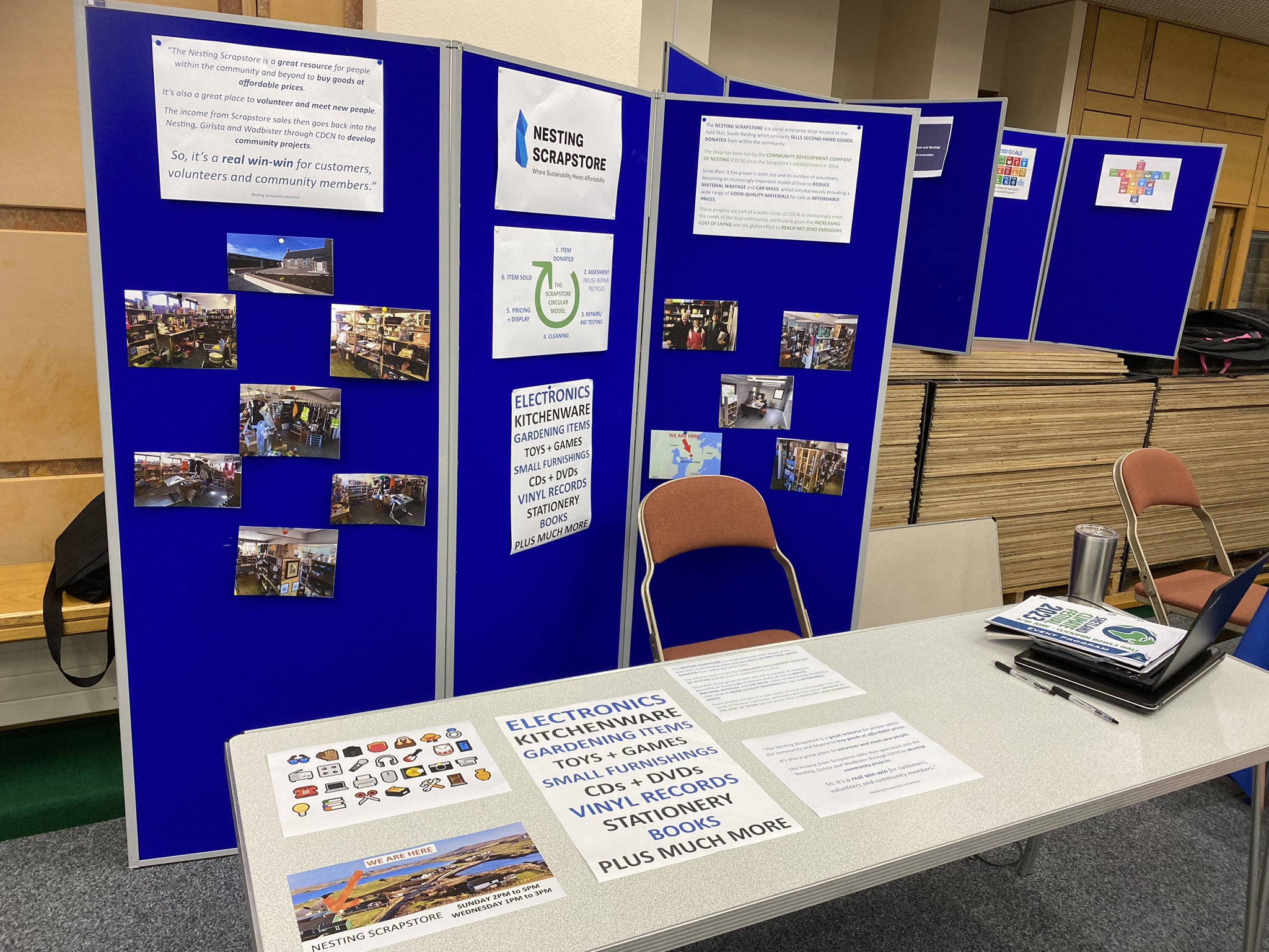 Nesting Scrapstore information stand at the Shetland Climate Festival